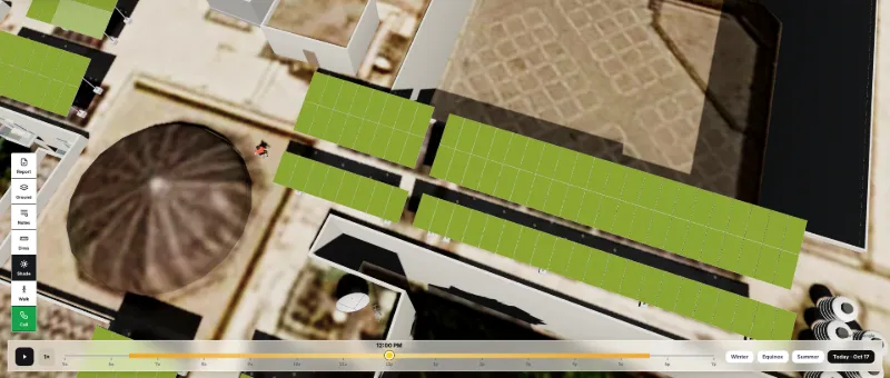 SolarDraft 3D shading analysis: rooftop panels coloured by sun exposure next to a dome