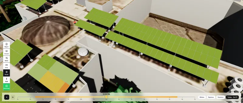 Solar Draft 3D shading analysis: lower-exposure panels shown in yellow and orange near a wall