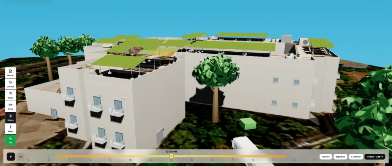 SolarDraft 3D shading analysis: sun exposure on the roof panels seen from the ground