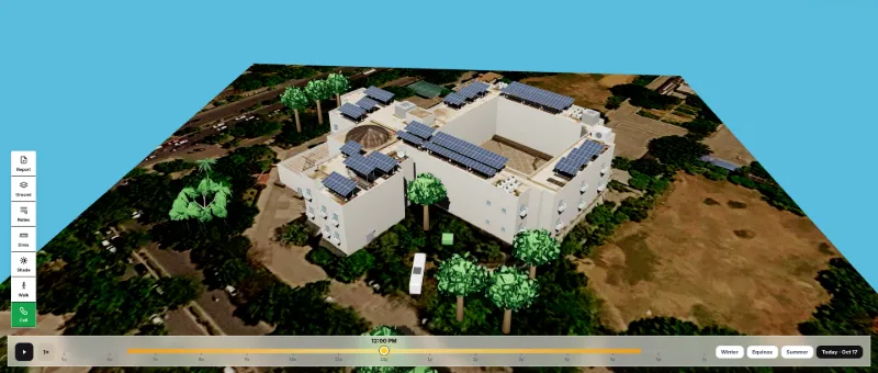 Solar Draft 3D solar design: low aerial view of a white building with solar panels on several roof levels