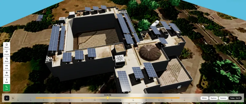 SolarDraft 3D solar design: angled aerial view showing panel rows on every roof level