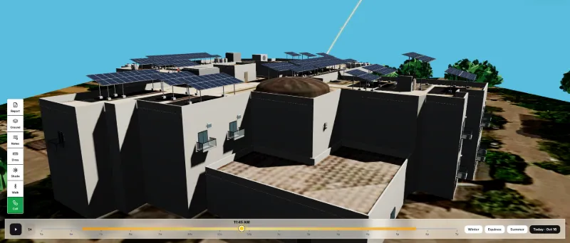 Solar Draft 3D solar design: angled view of the building with rooftop panels and late-morning shadows