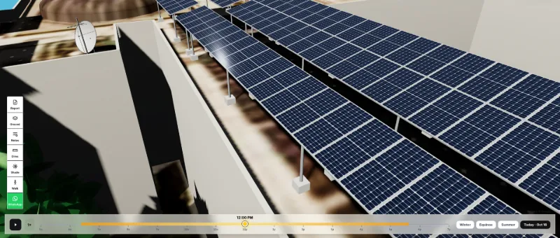 SolarDraft 3D solar design: close-up of long elevated panel rows on the roof