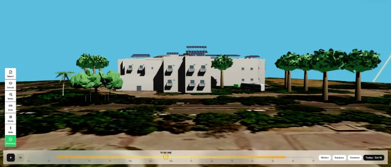 Solar Draft 3D solar design: street-level view of the building with solar panels on its roof