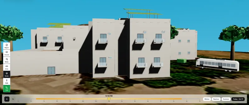 SolarDraft 3D solar design: facade elevation of the building with the rooftop solar structure above