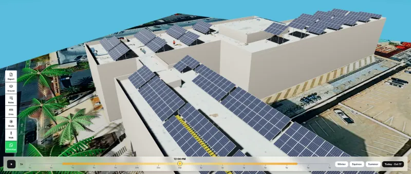 SolarDraft 3D solar design: angled view of long panel rows across a commercial roof