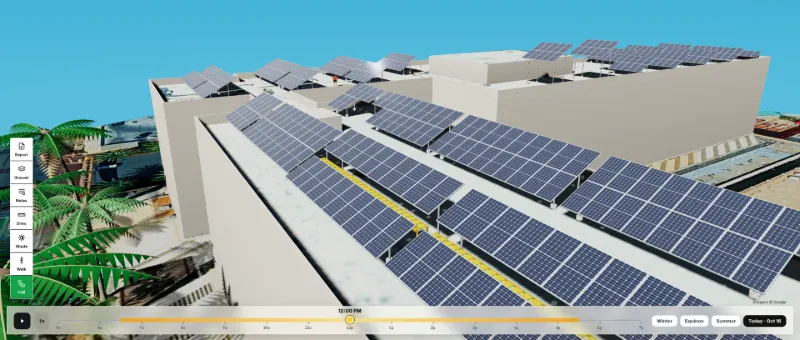 Solar Draft 3D solar design: rows of panels on a commercial roof with a walkway between them
