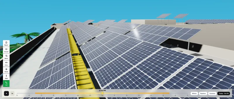 SolarDraft 3D solar design: close-up of panel rows beside a yellow maintenance walkway