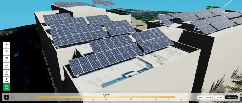 Solar Draft 3D solar design: panel blocks at different heights on a commercial rooftop